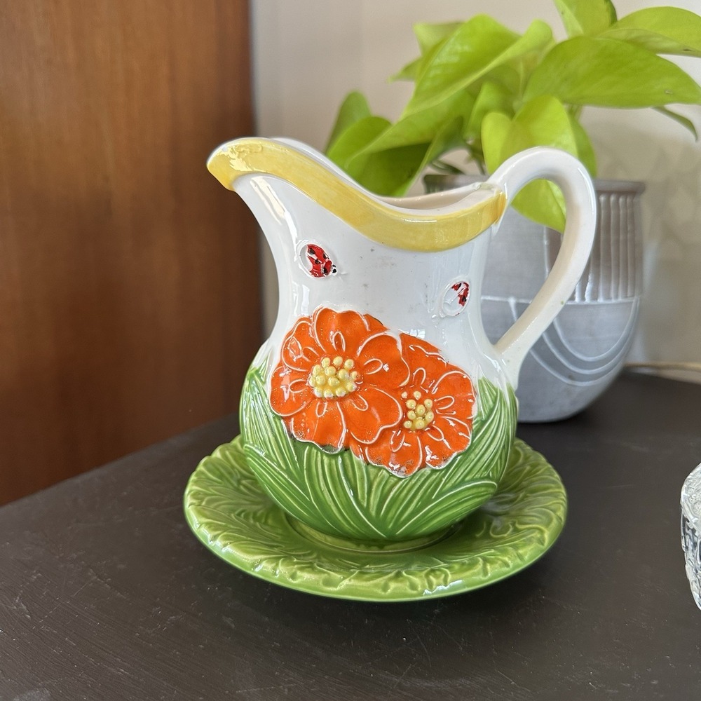VTG Hand Painted Ceramic Floral Lady Bug Vase Pitcher & Plate Set Cottagecore
